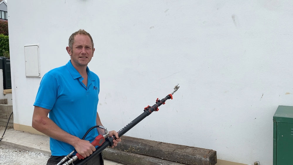 Convert a water fed pole to a power (pressure, jet) washing pole for power washing and soft washing