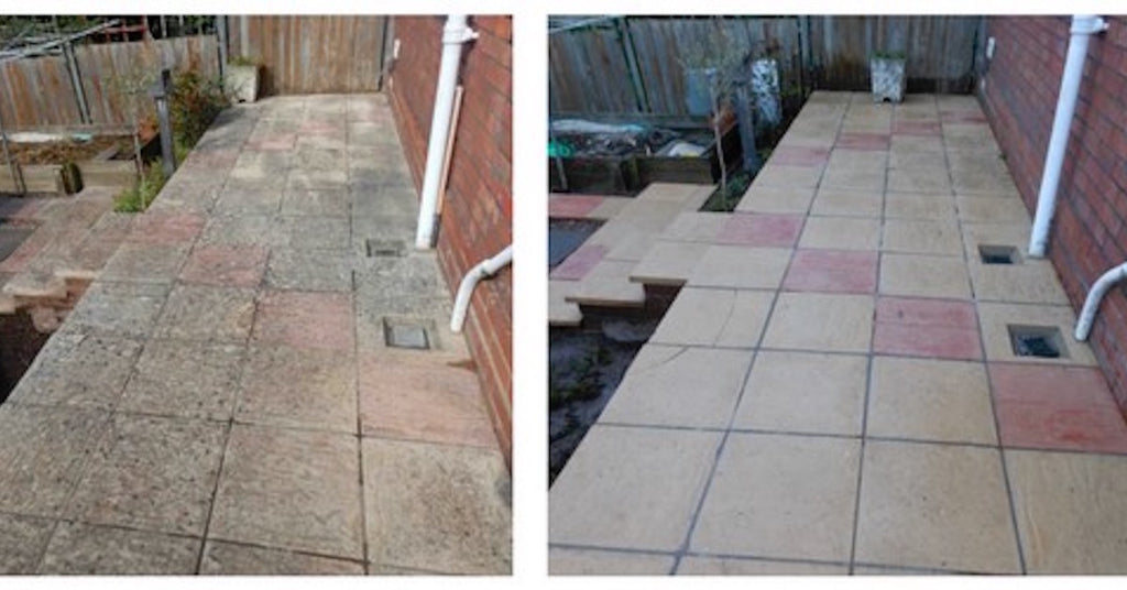 Benz Lightning Cleanze for soft washing black lichen on a concrete slab patio and paths