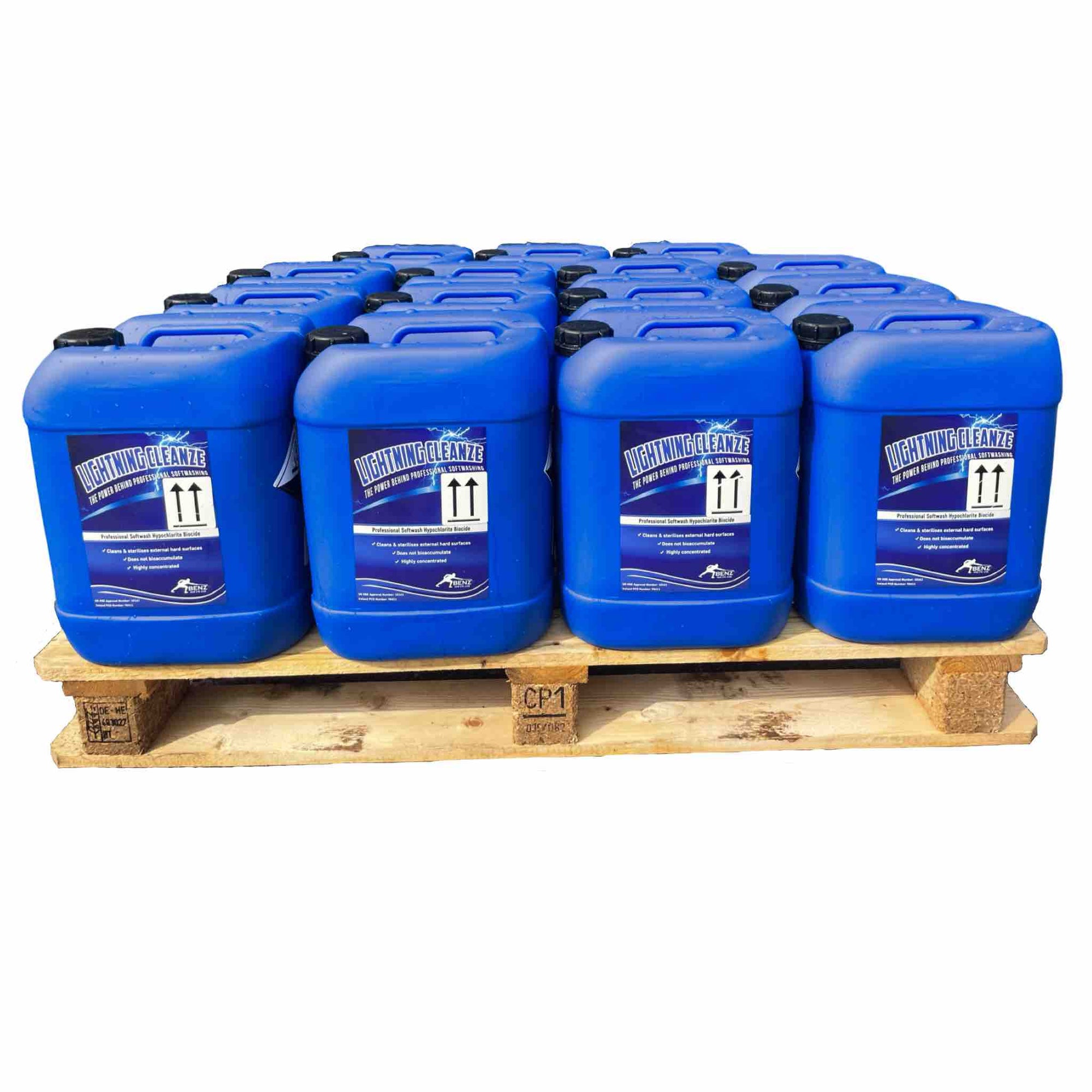 LIGHTNING CLEANZE – 10-11% SH softwash biocide: Rapidly removes the biofilm from roofs, render, walls, patios & paths.