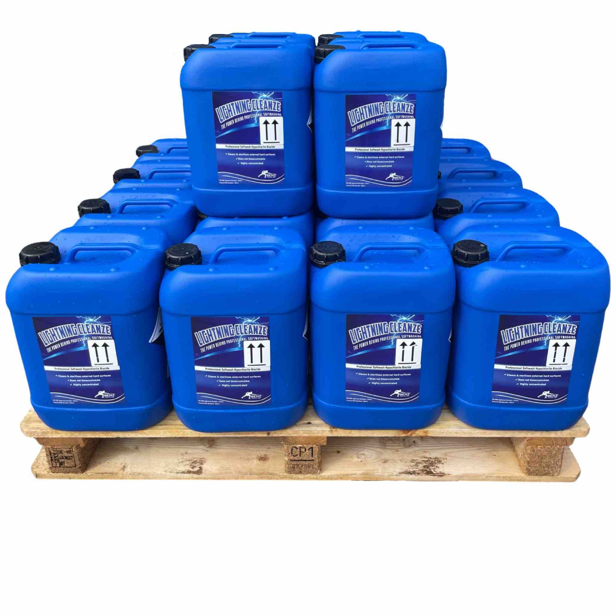 LIGHTNING CLEANZE – 10-11% SH softwash biocide: Rapidly removes the biofilm from roofs, render, walls, patios & paths.