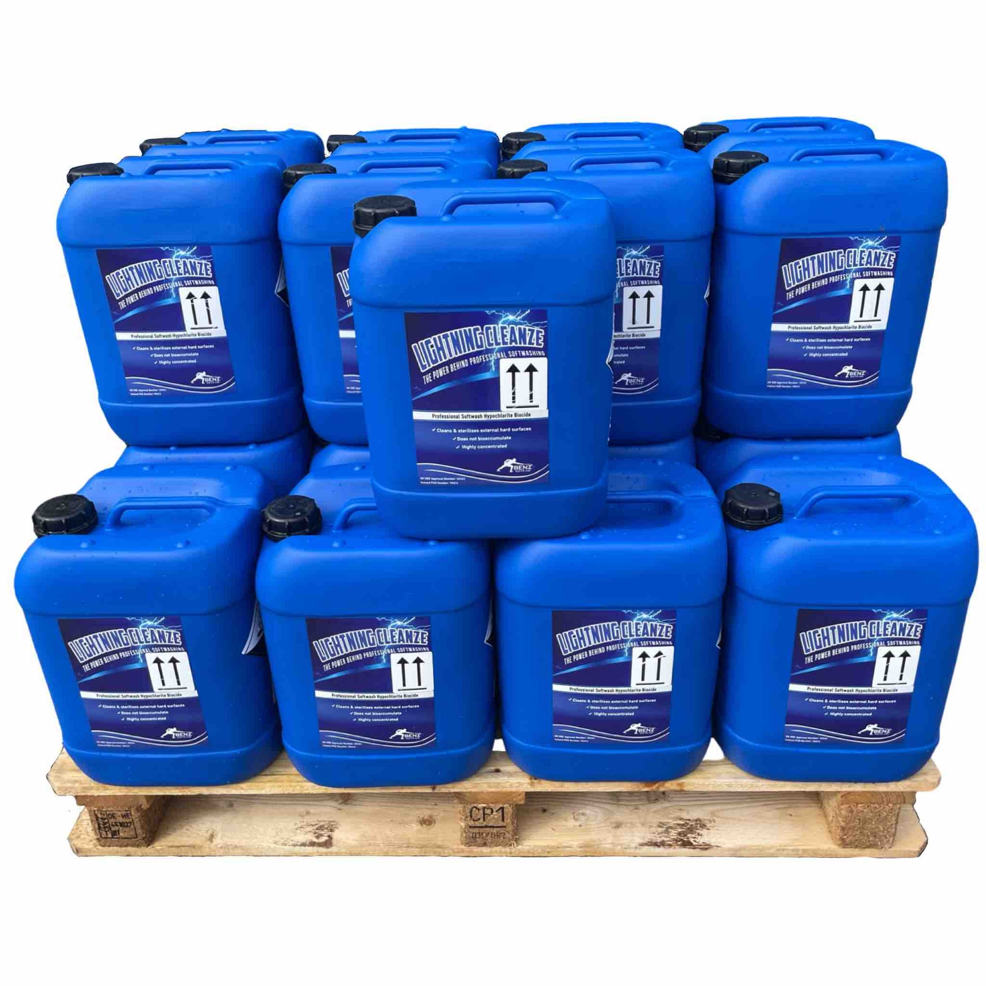 LIGHTNING CLEANZE – 10-11% SH softwash biocide: Rapidly removes the biofilm from roofs, render, walls, patios & paths.
