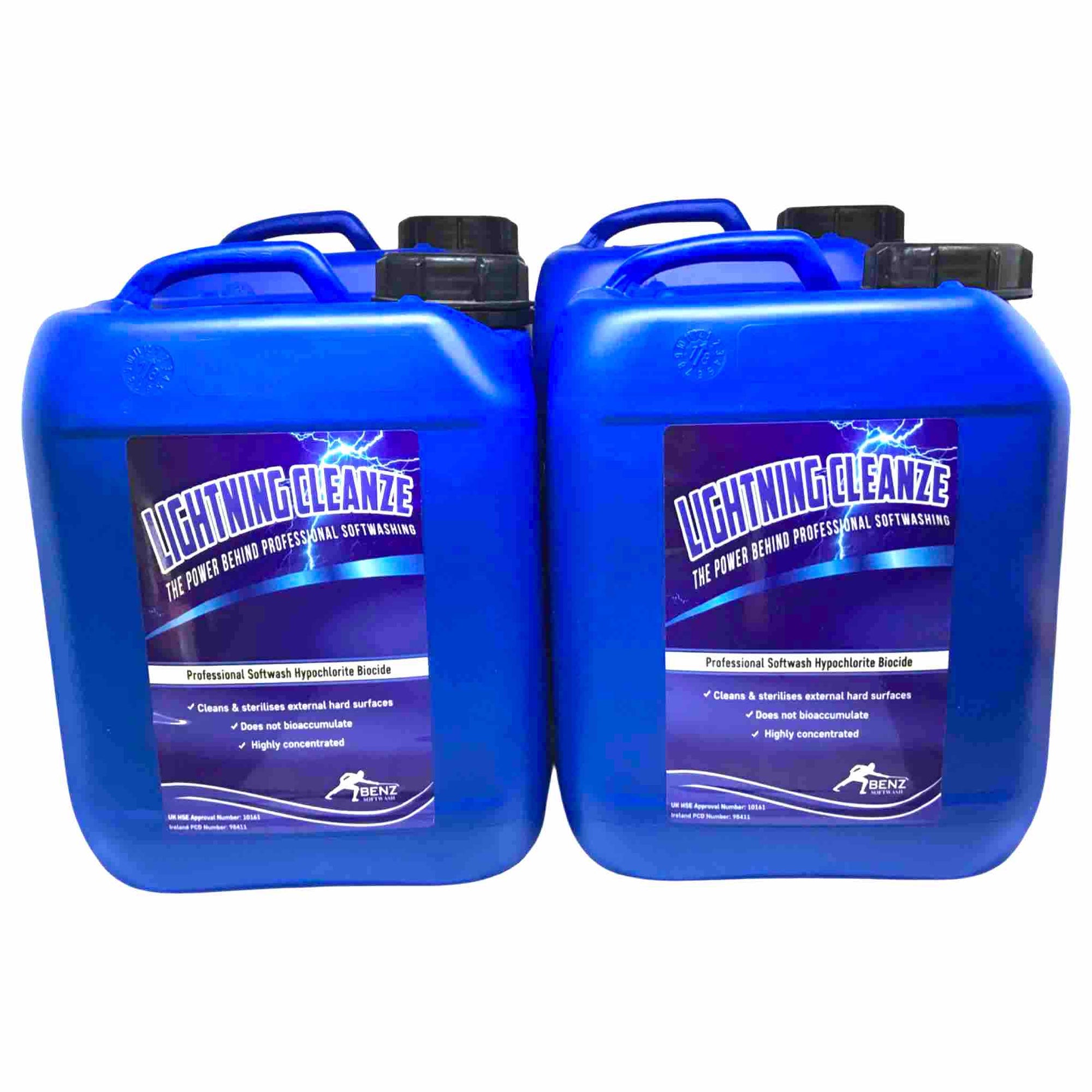 LIGHTNING CLEANZE – 10-11% SH softwash biocide: Rapidly removes the biofilm from roofs, render, walls, patios & paths.