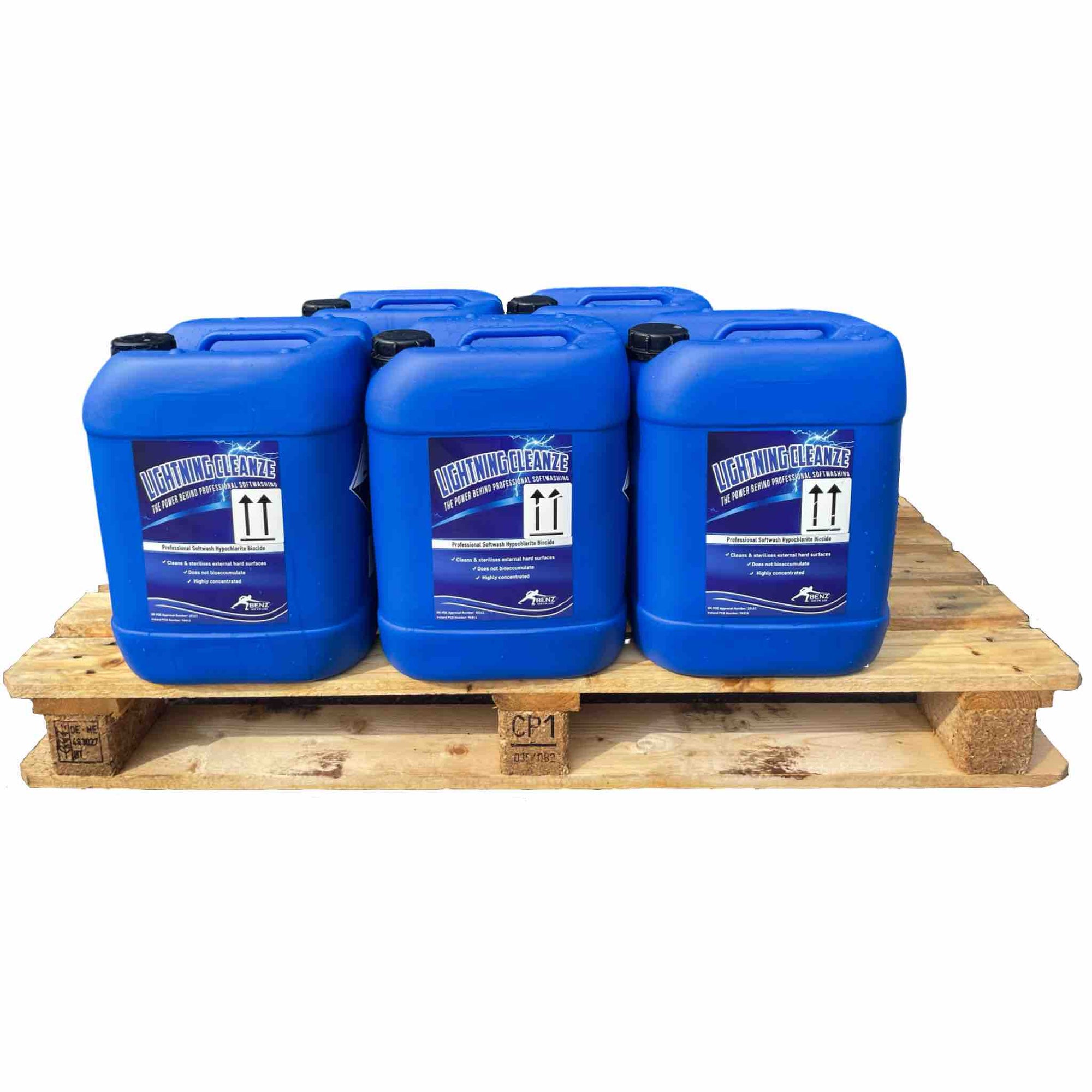 LIGHTNING CLEANZE – 10-11% SH softwash biocide: Rapidly removes the biofilm from roofs, render, walls, patios & paths.