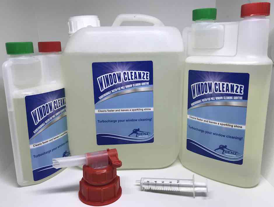 WINDOW CLEANZE – Window cleaning additive: Enhances the power of de-ionised pure water, when added to your water tank after DI resin.