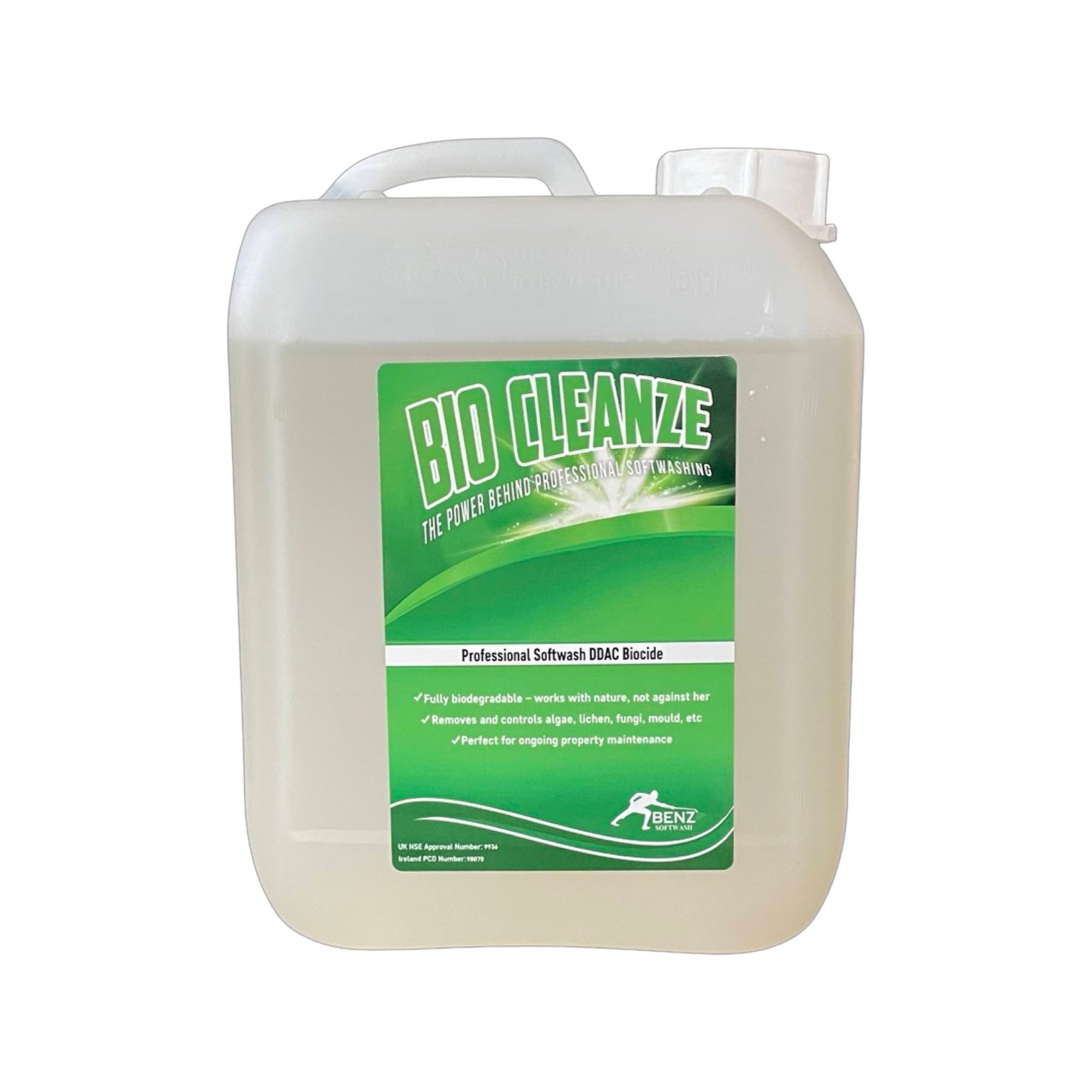BIO CLEANZE – 50% ddac softwash biocide: Treats the biofilm on roofs, render, walls, patios, paths & naturally deep cleans over time.